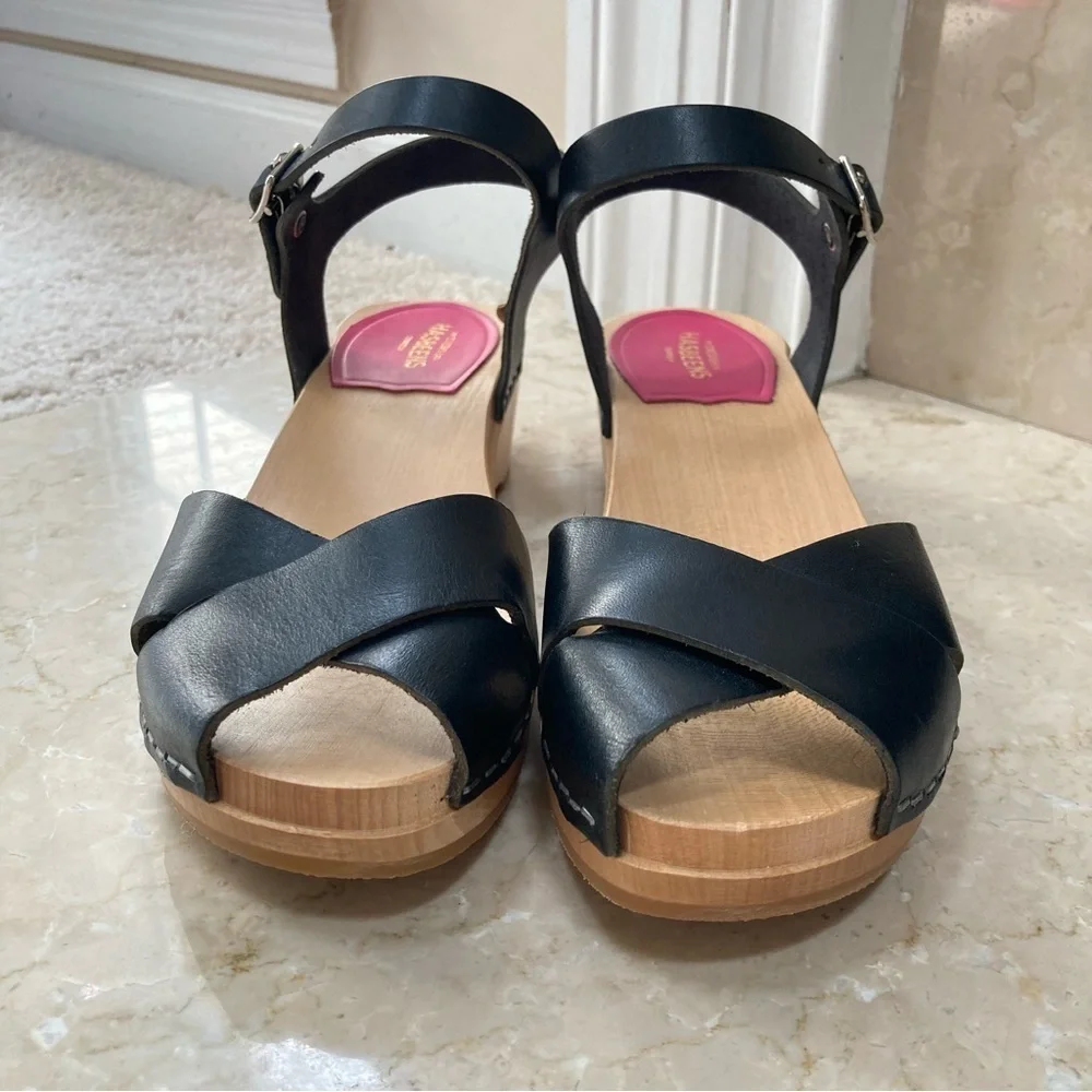 NEW Swedish Hasbeens Mirja Debutant Clog Leather Sandal Heels in Black, Size 36